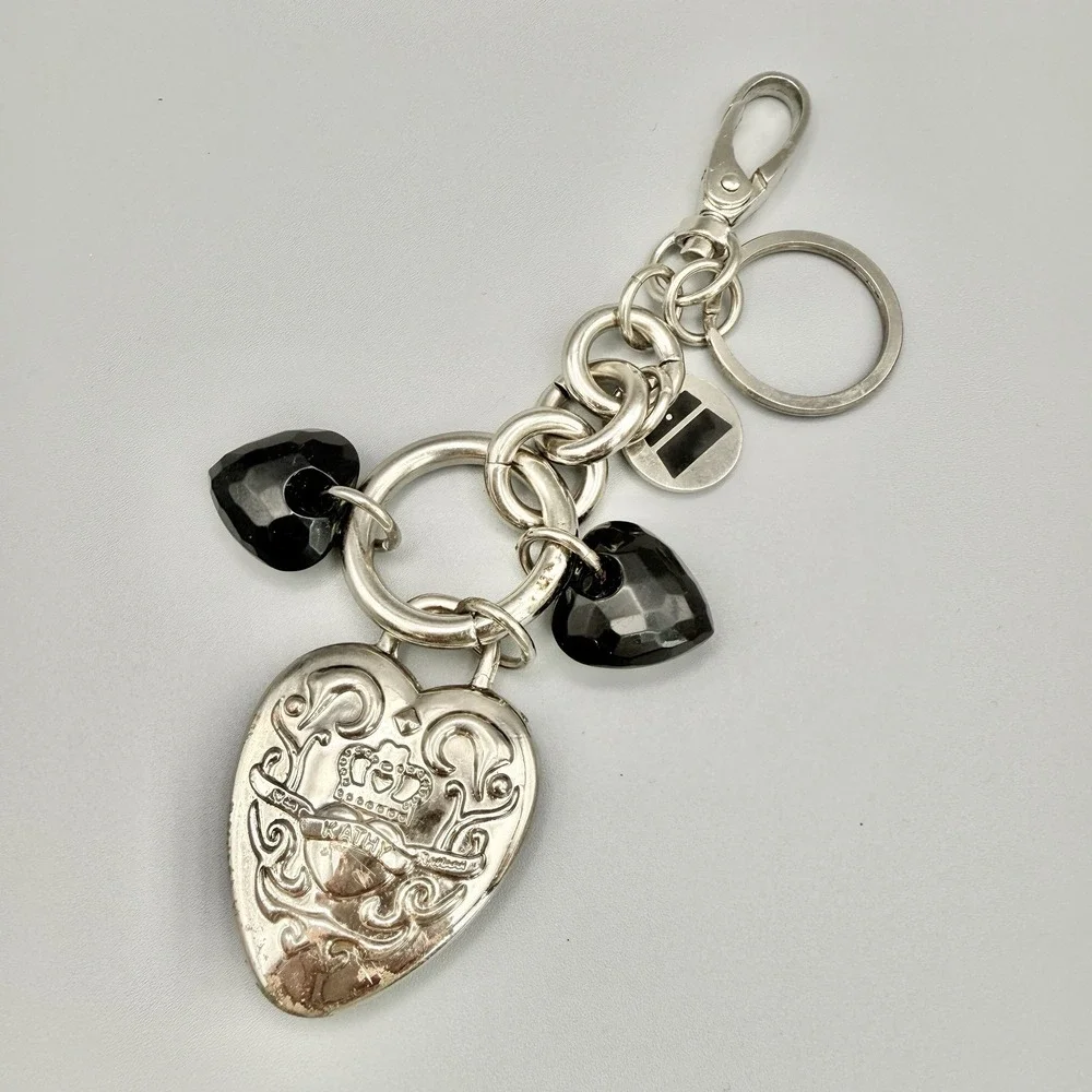 Vintage Kathy Van Zeeland Silver Tone‎ Puffy Hearts Bag Charms Chunky Keychain